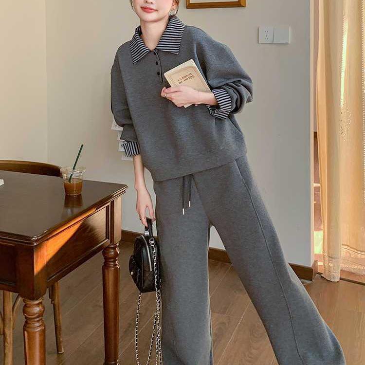 Early Autumn Slimming Two-Piece Set: Polo Collar Hoodie & Sweatpants - Cotton Casual Sport, Loose & Thin Fit