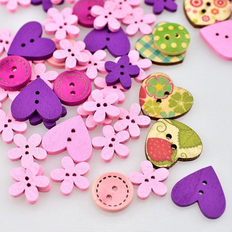 100Pcs/Bag Mix Shape Round Flower Wooden Buttons Lovely Sewing Wood Decorative Button for DIY Craft Clothes Accessories