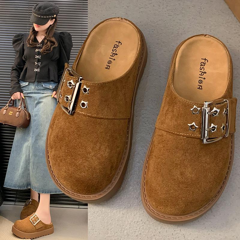 Fashion 2025 New Autumn  Women's Shoes Wrap Up Half Slippers Wear Flat Low-Heeled Retro Slip-On Shoes Outside