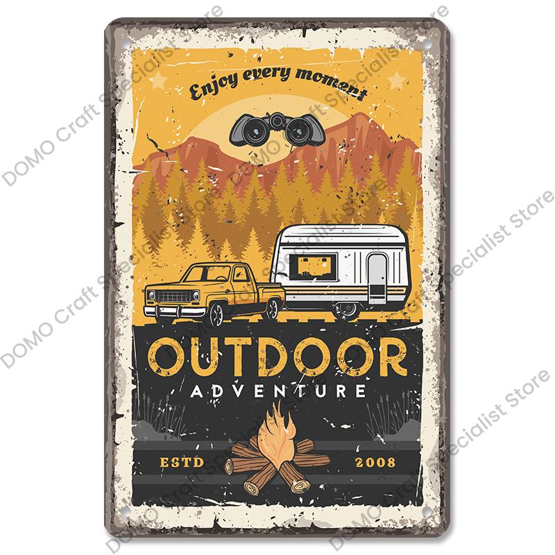 Camping Abenteuer Plaketten Vintage Metall Platte Berg Reise Campervan Touren Retro Metall Zeichen Wand Dekor Reise Club Camping Autos