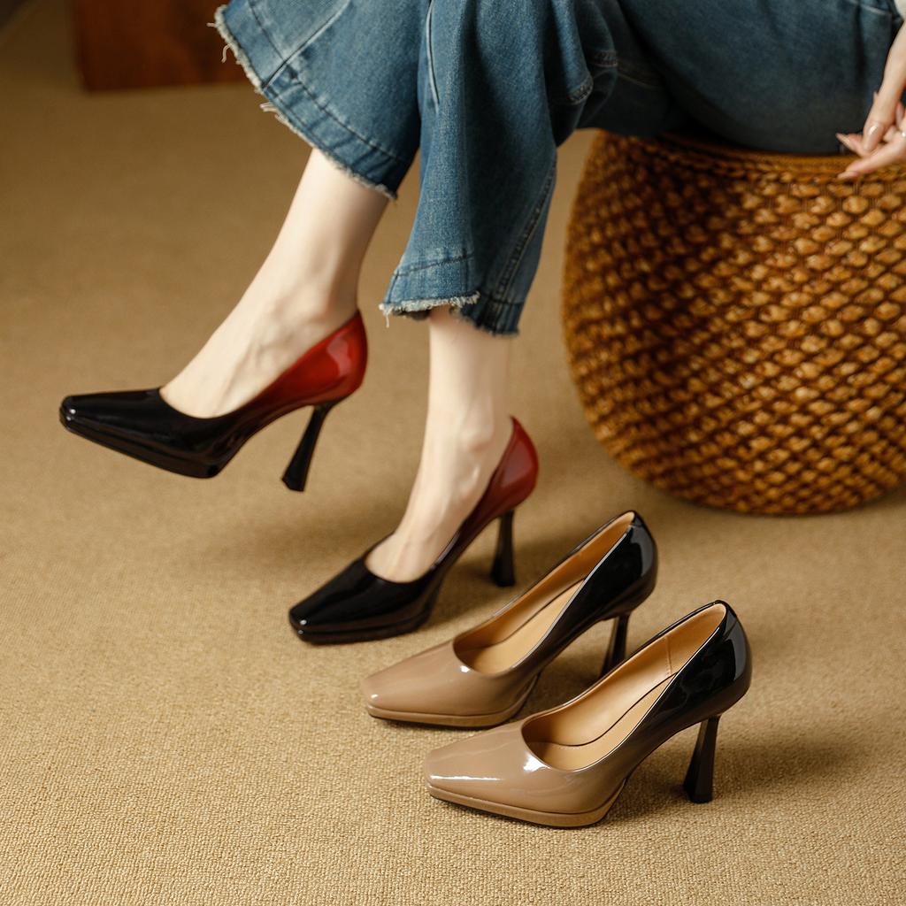 European and American banquet waterproof table high heels 2026 spring and autumn patent leather color matching square head thin heel light mouth