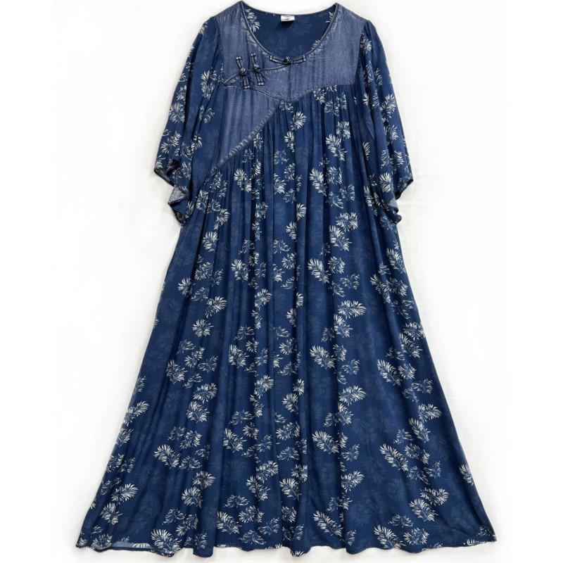 Johnature Chinese Style Disc Buckle Print Dress Summer Woman Loose Splicing Cotton Half Sleeve O-Neck Dress