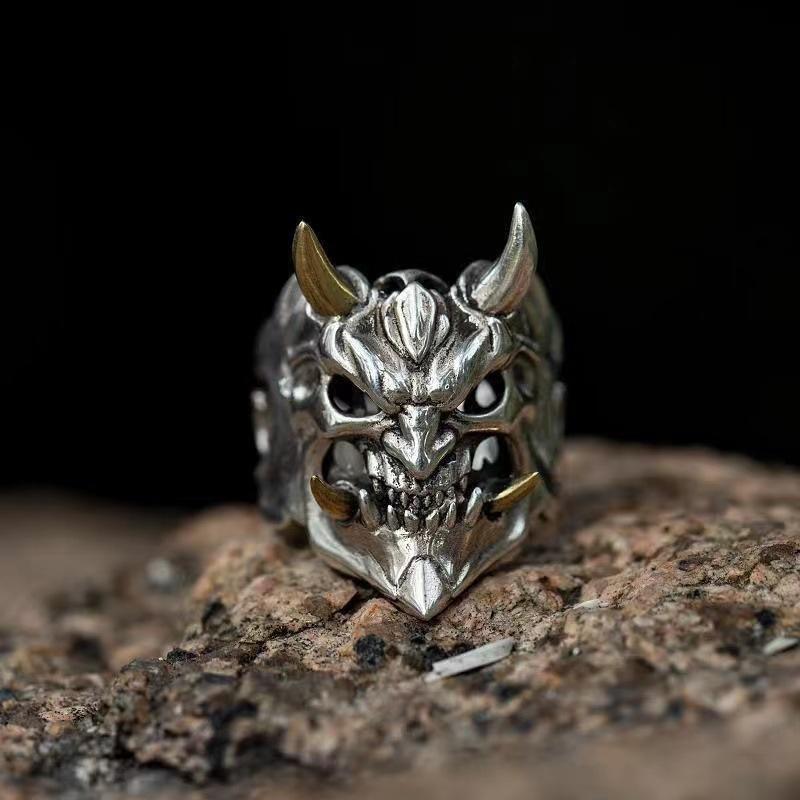 Retro Prajna Mask Ring For Men Punk Gothic Rock Hiphop Adjustable Open Ring Handmade Designer  Biker Accessories Man Gift