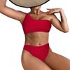 2 Pcs/Set Summer Swimsuit Set One Shoulder Solid Color Tight Sleeveless Padded Bathing Wireless High Waist Lady Bikini Set Water Sports Clothes