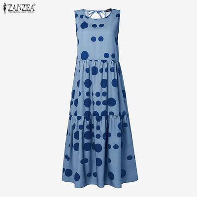 Women Casual Round Neck Loose Sleeveless Print Dress