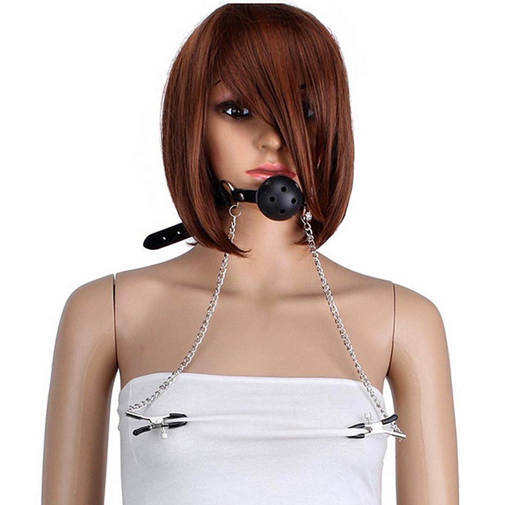 Metal Nipple Clamps & Ball Gag Set for Erotic Oral Slave Training
