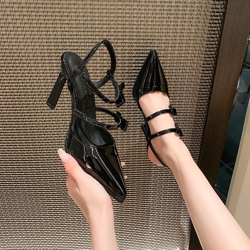 Chunxin Black High Heels Women's Leather Pointed Head Bag Head Thin Heel Bow Strap White Sandals