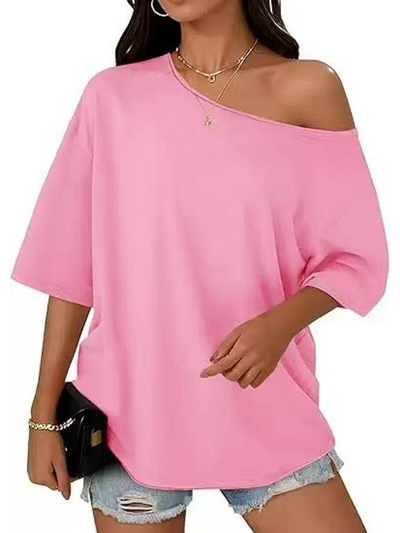 

2025 Европейская и американская свободная летняя однотонная футболка на одно плечо XL розовый