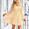 Women's Fashion Long Sleeve V-Neck Pleated Polka Dot Casual Loose High Waist Dress