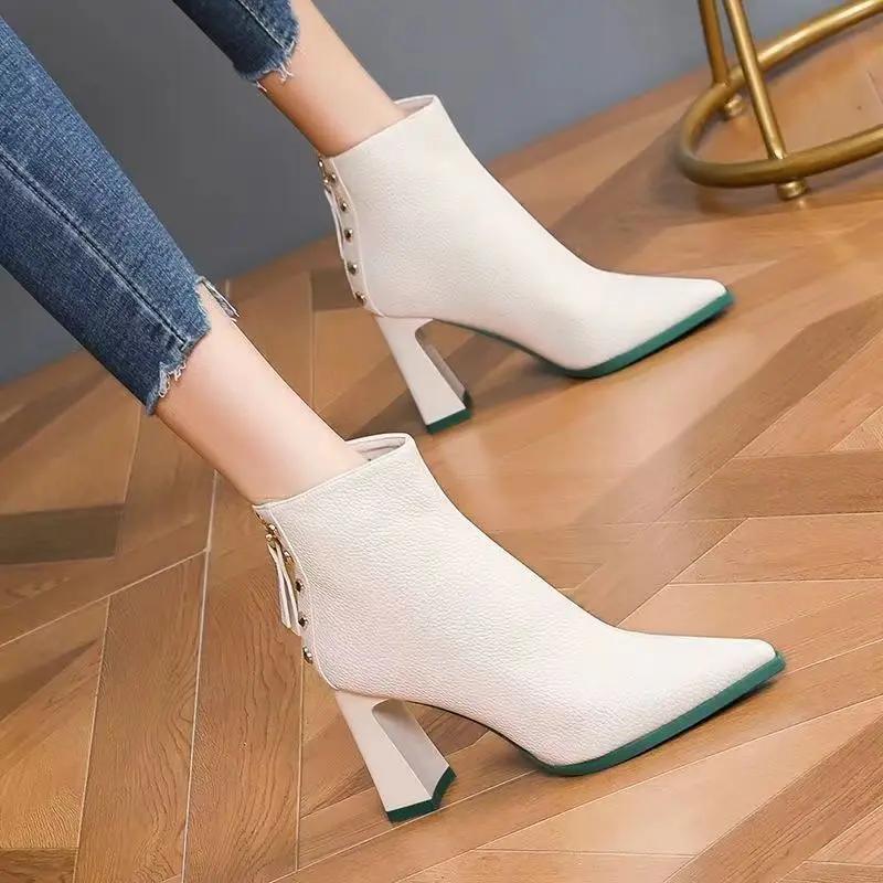 Fashion Ankle Boots for Women Very High Heels Woman Short Shoes Studded Leather Pointed Toe Booties Heeled on Offer Designer Luxury Sale