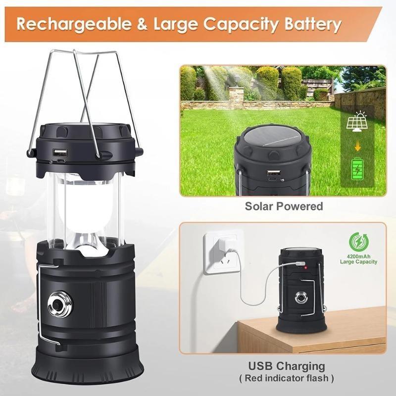 Solar Portable LED Lantern Telescopic Flashlight USB Rechargeable Torch Tent Lamp Outdoor Camping Emergency Work Light