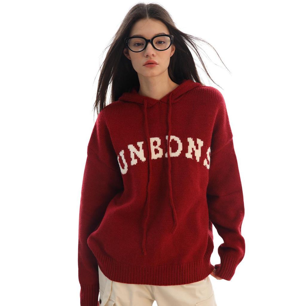 Unisex Vintage Knit Letter Sweater: Hooded, Loose, High-Street Cardigan