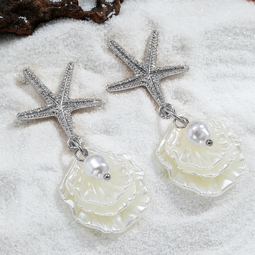 Summer Beach Vacation Style Alloy Starfish Pendant Imitation Pearl Scallop Tassel Earrings for Women Fashion Accessorie Jewerly