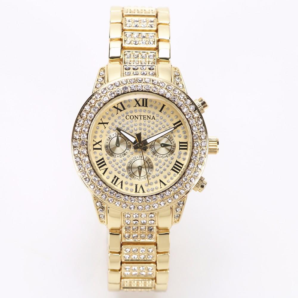 Luxury Gold Watch for Women Geneva Brand New Ladies Quartz Watch Full Stainless Steel with Rhinestones Elegant Wristwatch G
