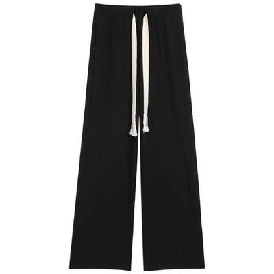 Women's Trendy High-Waist Black Drawstring Wide-Leg Trousers for Spring & Autumn