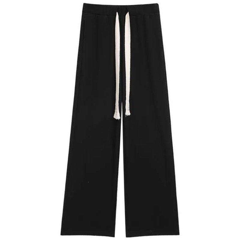 Women's Trendy High-Waist Black Drawstring Wide-Leg Trousers for Spring & Autumn