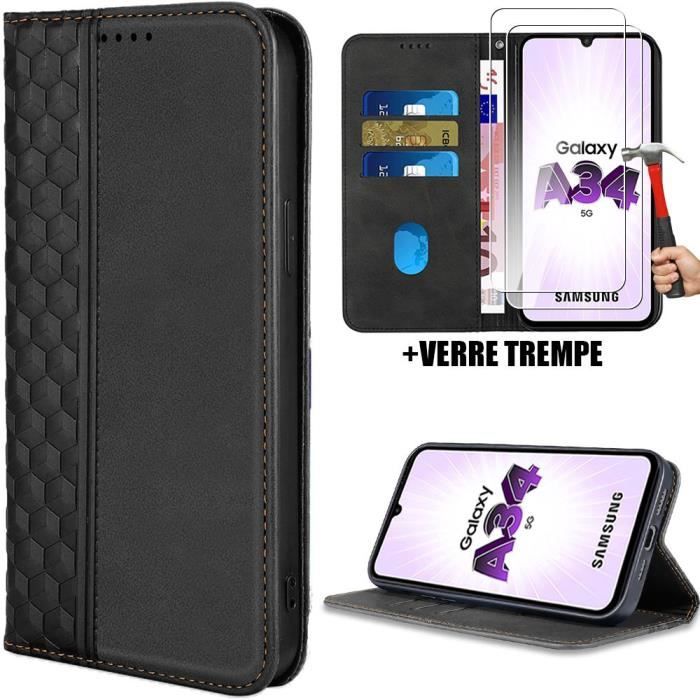 Coque - BOOLING - pour Samsung Galaxy A34 5G - Protection Antichoc - Synthécuir - Motif Mosaïque- avec 2 Verres Trempés