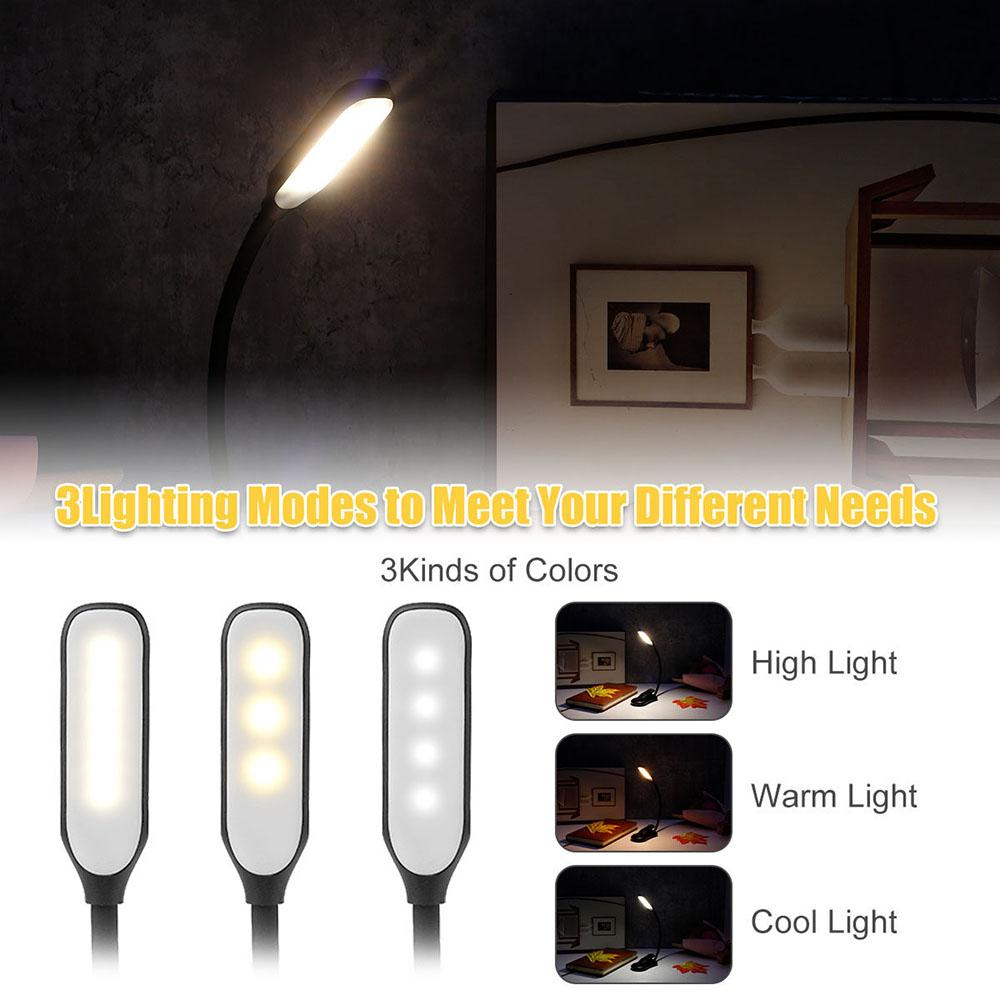 7 LED Livro Luz USB Recarregável Luz de Leitura 3 Níveis Quente Frio Branco Luz do Dia Portátil Flexível Fácil Clipe Noite Lâmpada de Leitura