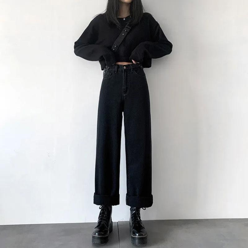Jeans da donna harem neri dritti primavera autunno nuovo stile preppy gioventù decorazione linea luminosa larghi a vita alta pantaloni casual