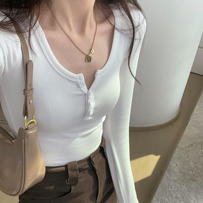 High Elastic Thread Button-down Shirt Autumn New Style Shoulder Long Sleeve T-shirt Women Slimming Shirt