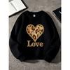 Kids Unisex Black Crewneck Sweatshirt, Glitter Leopard Heart Star Love Print Long Sleeve Pullover, Soft Sweatshirt for Boys Girls Over 4 Years Old