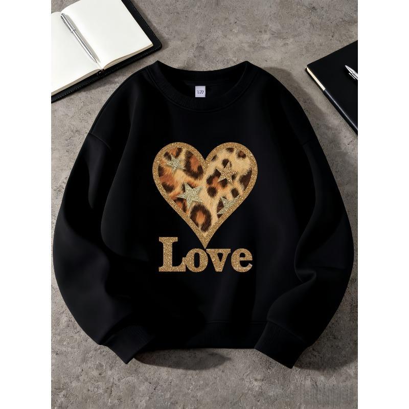 Kids Unisex Black Crewneck Sweatshirt, Glitter Leopard Heart Star Love Print Long Sleeve Pullover, Soft Sweatshirt for Boys Girls Over 4 Years Old