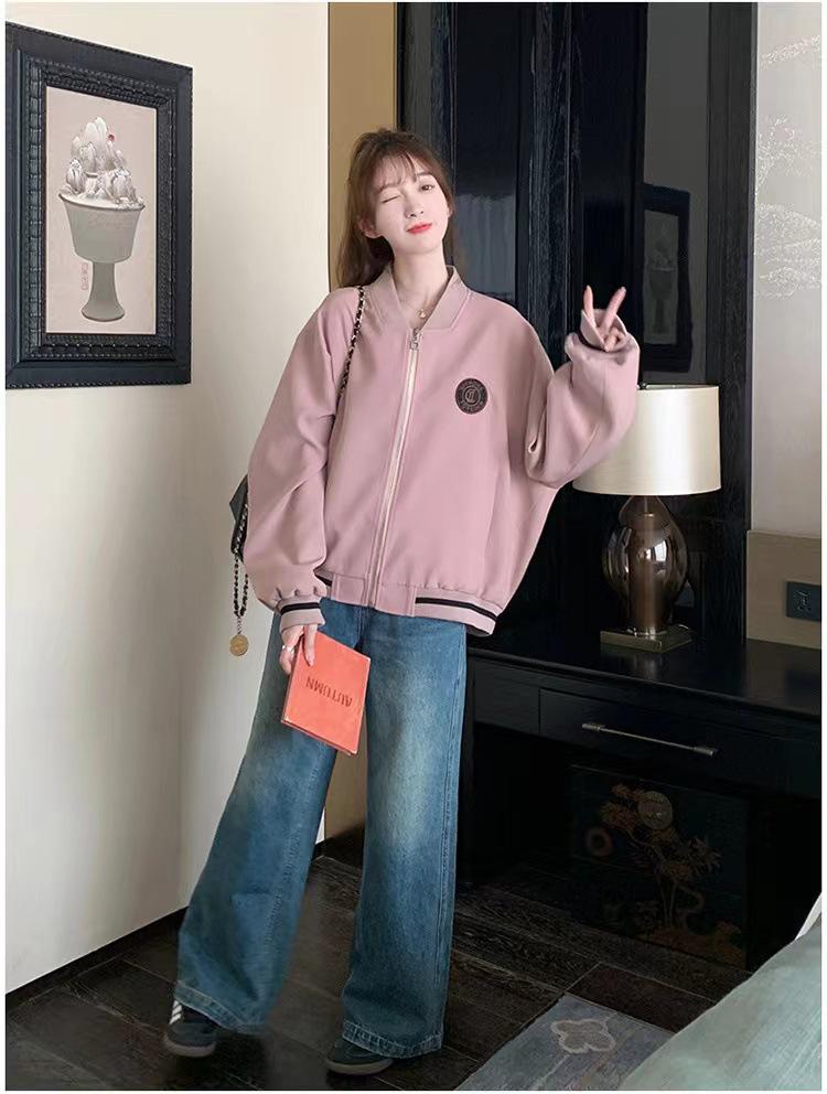 Women's Pink College Style Baseball Jacket - Chic Petite Spring/Autumn Trend
