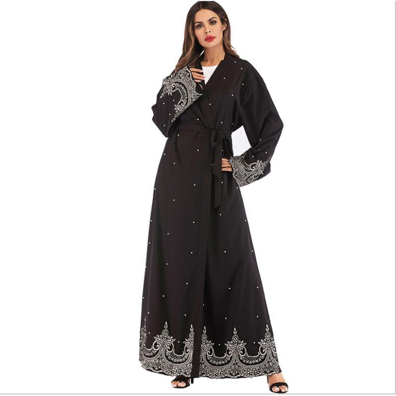

Muslim Long Sleeve Embroidered Nail Bead Robe Cardigan Dress Black XL