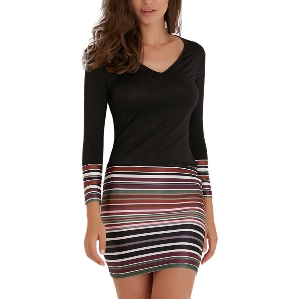Ladies Womens Striped Patchwork V-neck Long Sleeve Dress Evening Party Dress