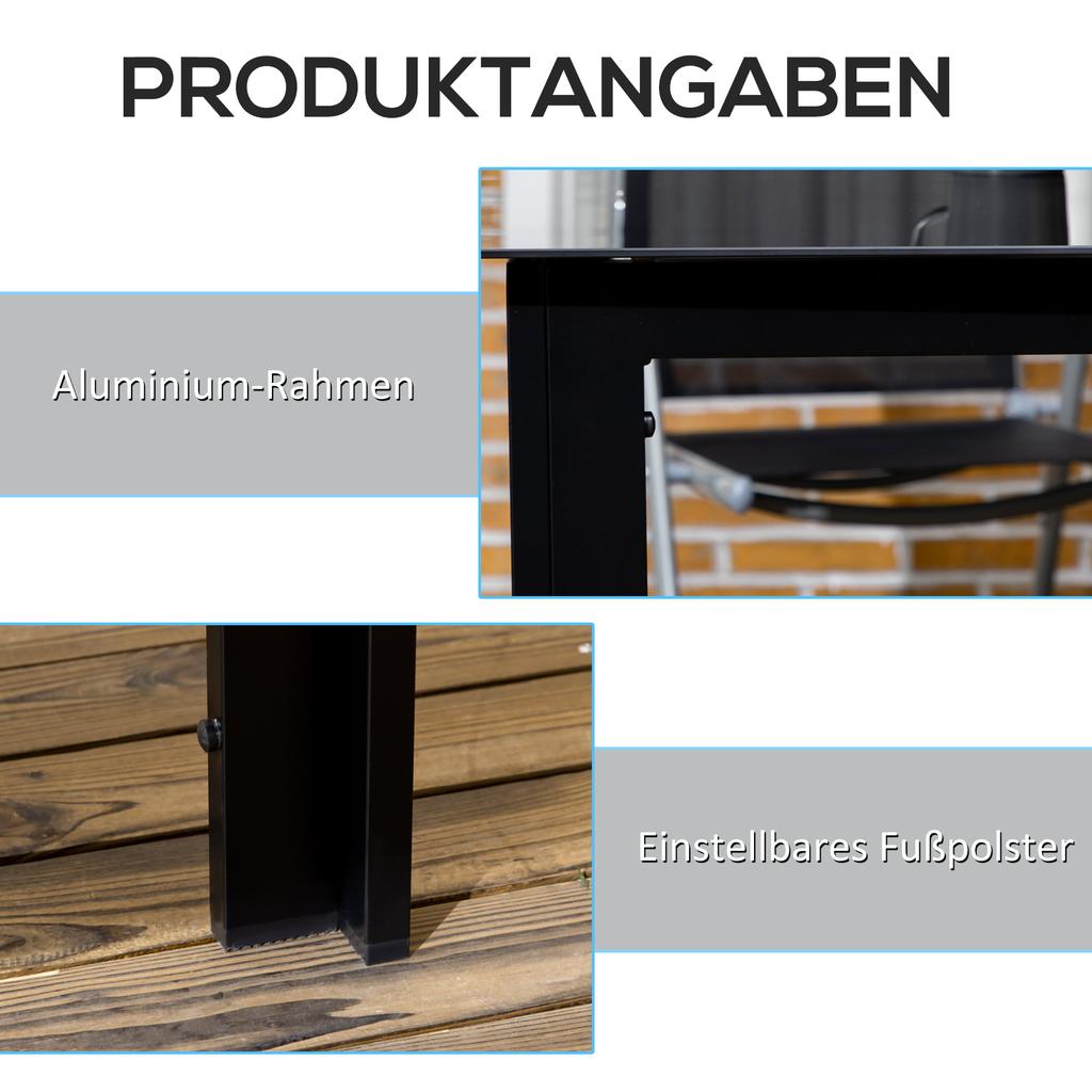 Outdoor Dining Table for 6, Aluminium Rectangular Garden Table with Tempered Glass Tabletop for Yard, Patio, Black