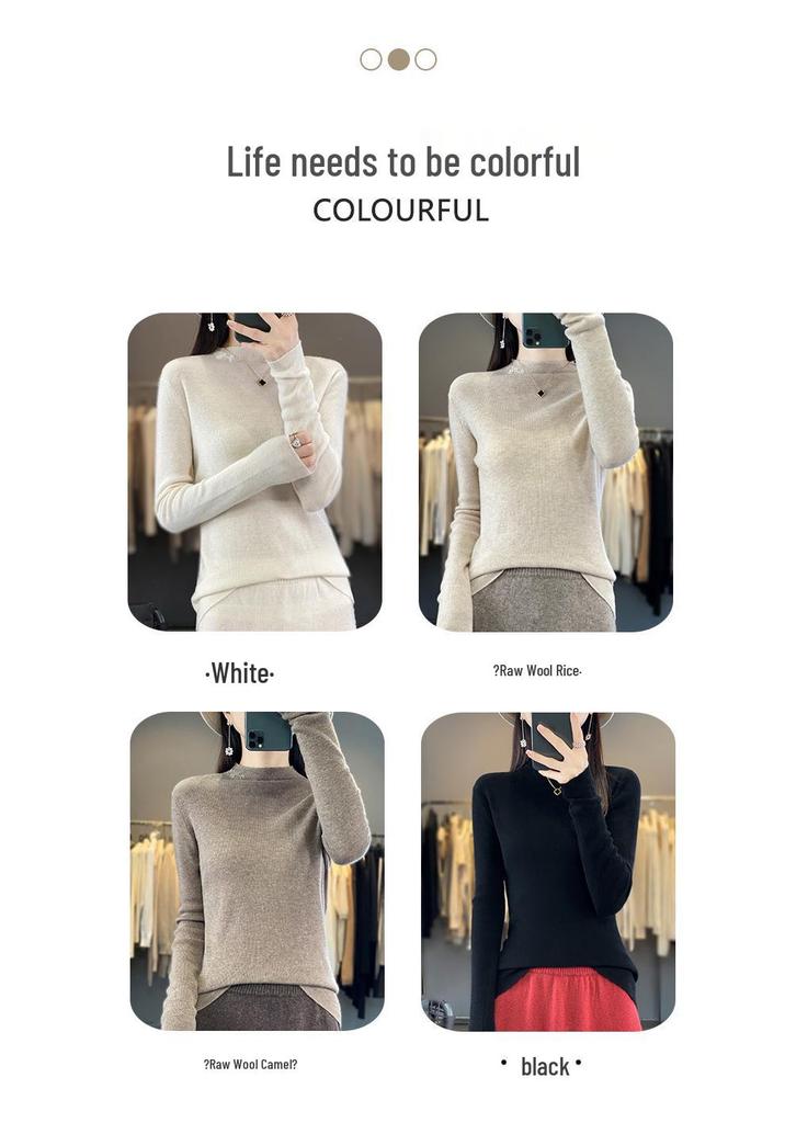 Women's Warm Embroidered High Neck Knit Wool Sweater - Semi-Thin Pullover for Autumn/Winter