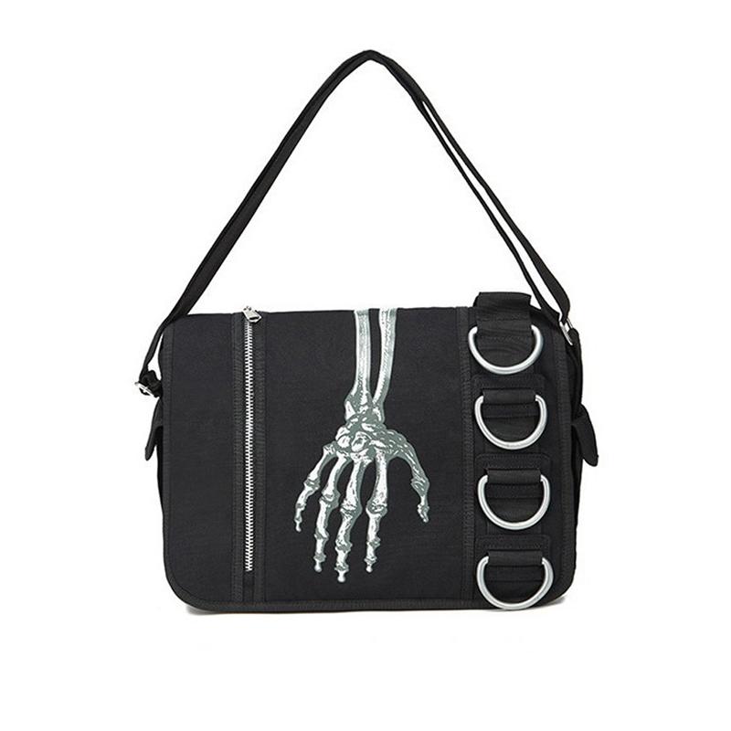 SHELKSBAG Unisex Halloween Skeleton Hand Pattern Adjustable Crossbody Messenger Bag Y2k Fashion Street Gothic Canvas Handbag