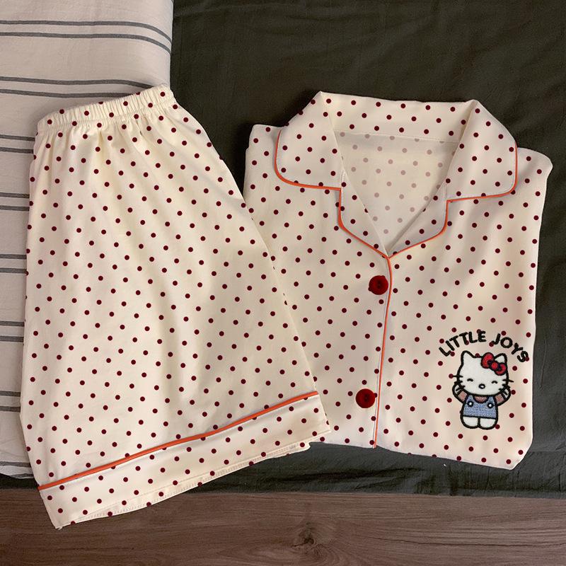 Damen Pyjama-Set im koreanischen Stil mit Cartoon-Polka-Dots – Kurzarm und Shorts, leichte Sommer-Homewear