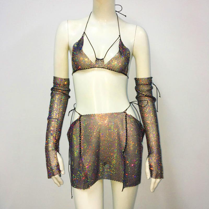 Dámský top od bikin se třpytivými kamínkovými ramínky a rybí síťovinou, mini sukně, sexy síťovaný outfit, plážové oblečení, plavky
