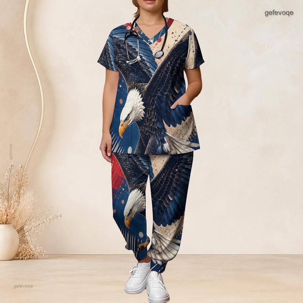 Damen Übergröße V-Ausschnitt Kurzarm Kasack-Set Marineblau Mit Roten Punkten Dekor Print Krankenschwester Uniform Set