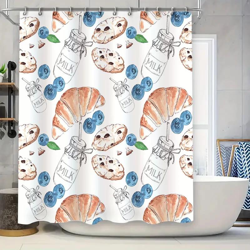 

Delightful Milk Bottle Blueberry Croissant Shower Curtain Waterproof Fabric Decor For Bathroom Interior Design White Shabby Chic W60H190(CM)-1 Pcs