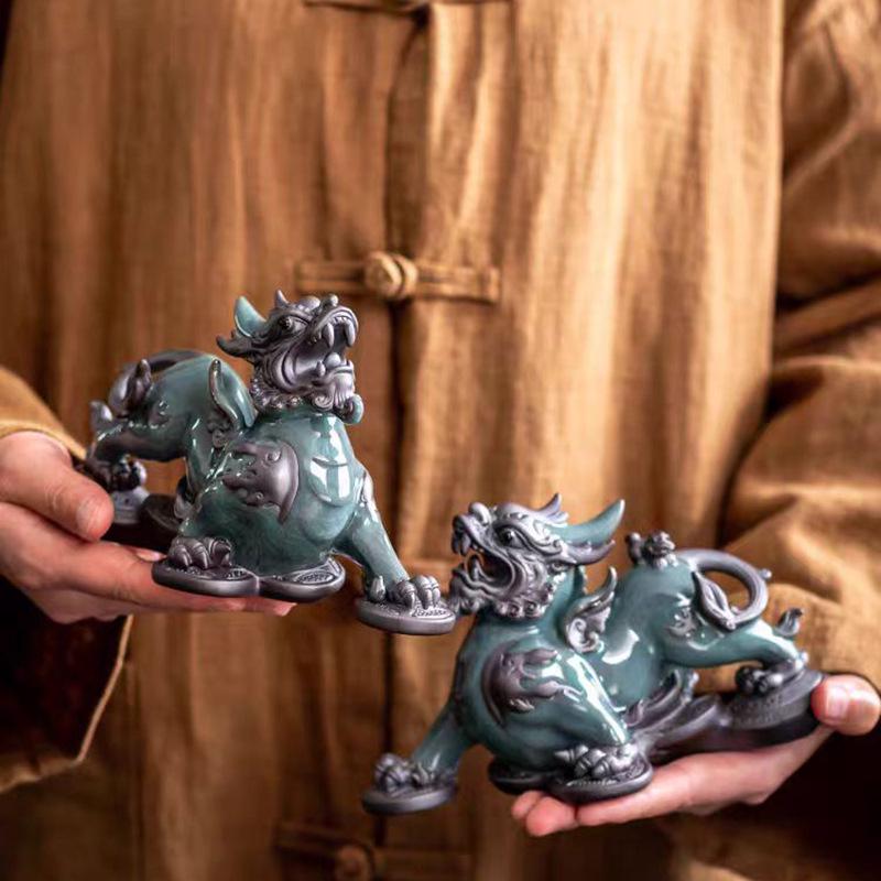 Chinese Ceramic Pixiu Tea Pet Pair - Home, Office, or Living Room Decor