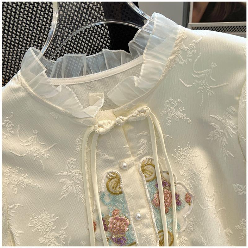 Women's Embroidery Plate Button Blouse Summer Premium Feeling Temperament Short Sleeve Shirt