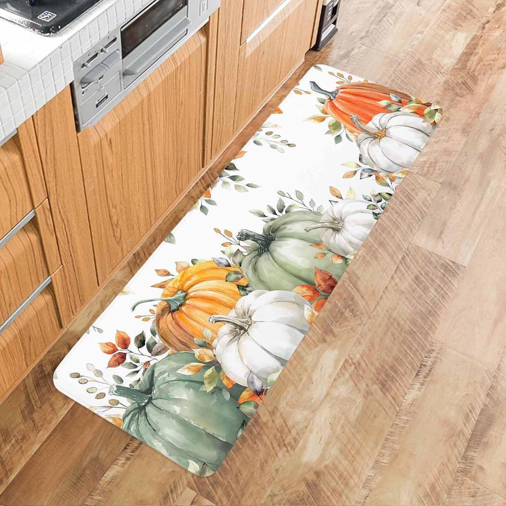 Fall Pumpkins Eucalyptus Leaves Kitchen Mat Home Decor Farmhouse Corridor Balcony Rusgs Anti-slip Bedroom Mat Autumn Decorations