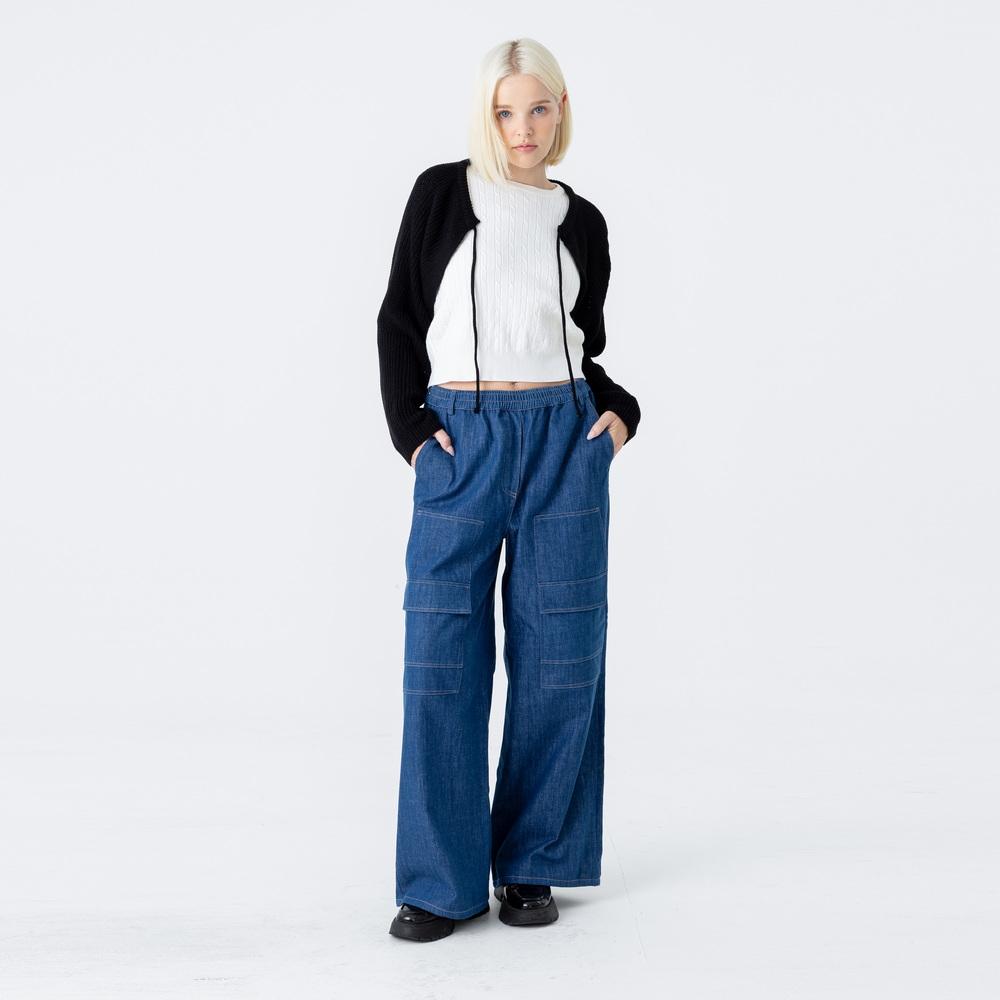 WUNDER GEIST Elastic Waist Medium Blue Denim Wide Cargo Pants