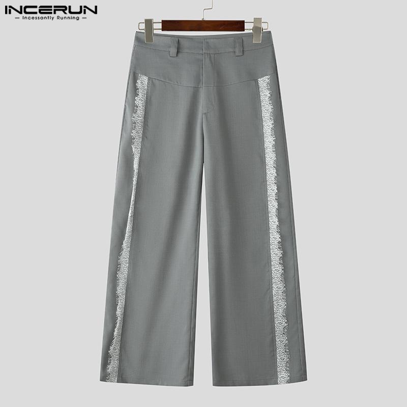 INCERUN Men Zip-up Waist Side Lace Patchwork Casual Long Straight Pants