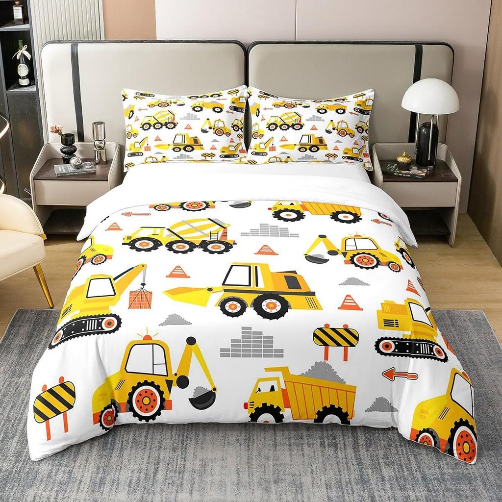 Cartoon Camping Excavator Duvet Cover Set King Size Luxury Truck Bedding Set Camping Essentials 3 Piece Set With 2 Pillowcases