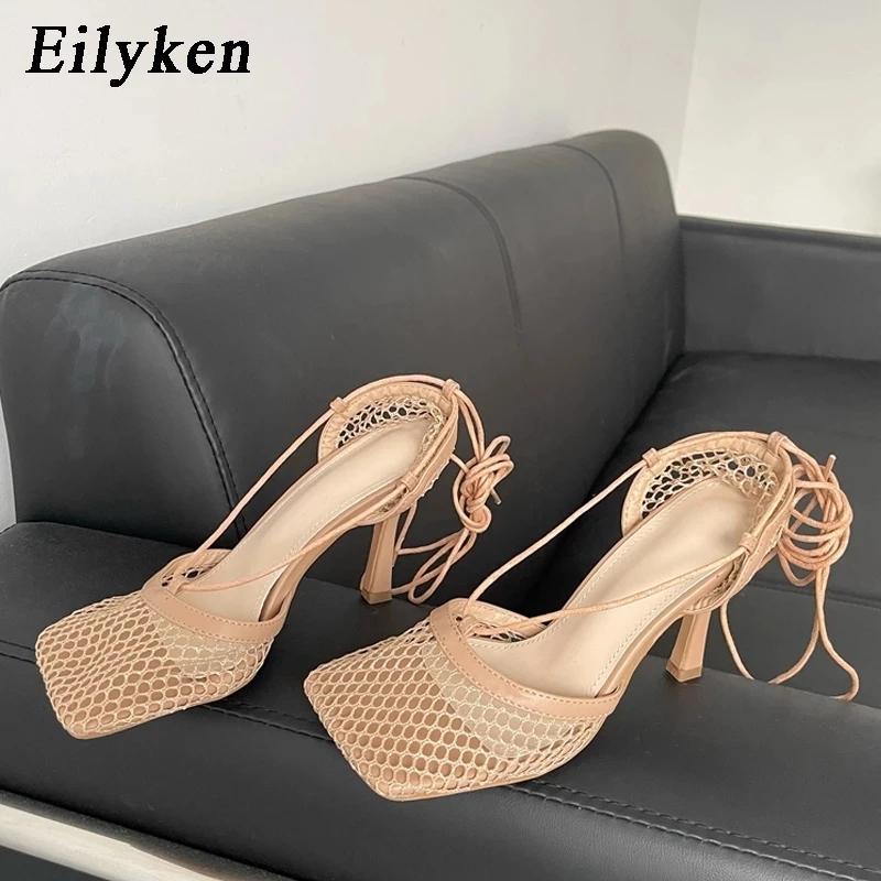 Mode Eilyken Neue Sexy Weiße Aushöhlen Mesh Damen Pumps Sandalen Eckige Zehen Hoher Absatz Knöchel Schnürung Überkreuzt Partykleid Damenschuhe