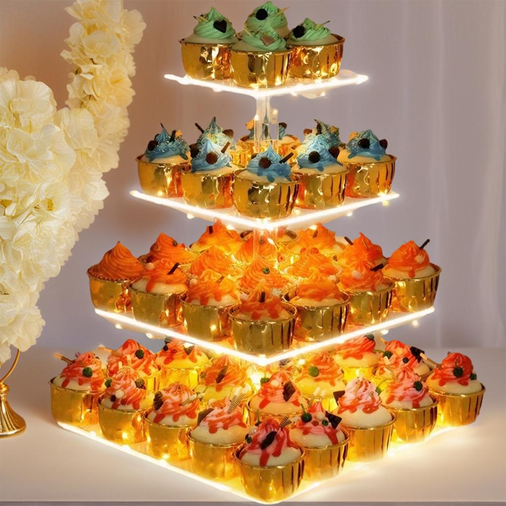 3/4 Tier Acrylic Cupcake Display Stand with LED Light Cupcake Tower Stand Multifunctional Cake Serving Platter for Party Decor