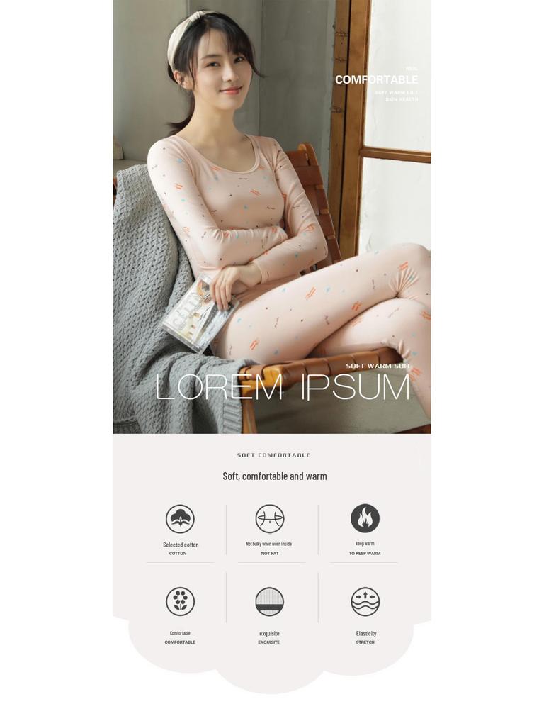 Damen Slim Fit Baumwoll-Unterwäscheset - Frisch & Niedlich Rundhals für Herbst/Winter