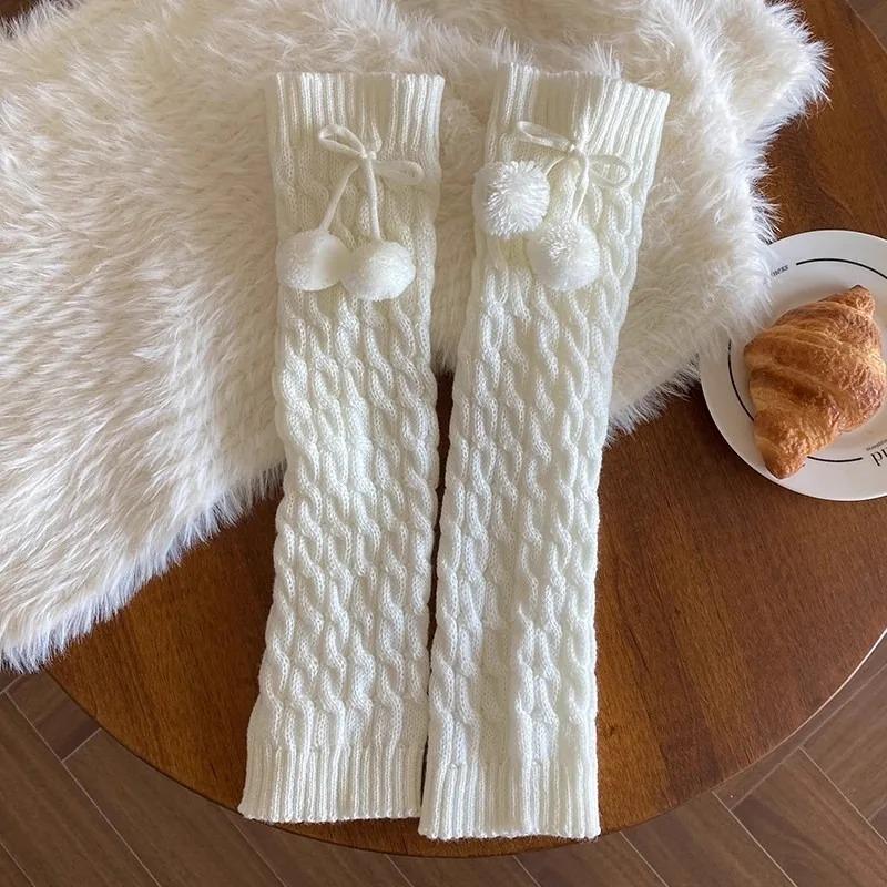 Women Black White Lolita JK Leg Warmers with Ball Knitted Warm Foot Cover for Lady Autumn Winter Soft Crochet Sock Boot Cuffs