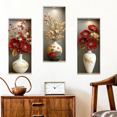 3 Sheets 3D Flower Vase Wall Stickers Faux Floral Wall Decals Peel And Stick Wall Art Mural for Living Room Bedroom Office Home Decor