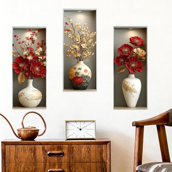 3 Sheets 3D Flower Vase Wall Stickers Faux Floral Wall Decals Peel And Stick Wall Art Mural for Living Room Bedroom Office Home Decor