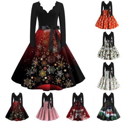 Vestidos de manga larga estampados navideños ajustados informales con cuello en V a la moda para mujer