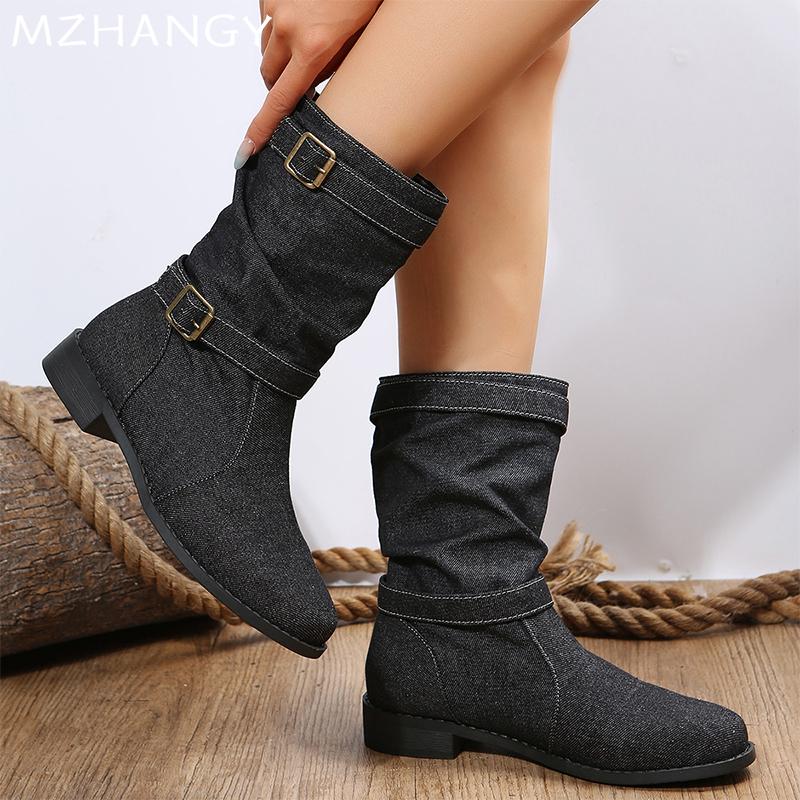 Fashion Cowboy Chunky Woman Mid Calf Boots Designer Casual Cozy Walking Shoes 2024 Winter New Trend Dress Fashion Goth Zapatillas Female